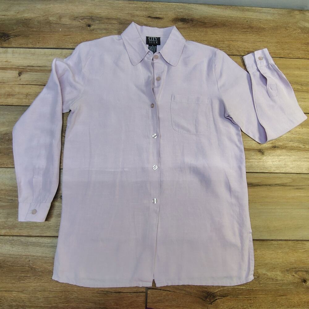 City Silk Top Womens Large 100% Silk Button Down Pocket Lavender Lilac Vintage
